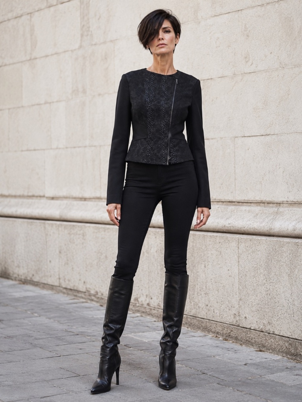 Elie Tahari | Black Asymmetrical Cropped Zip Jacket | Size Small